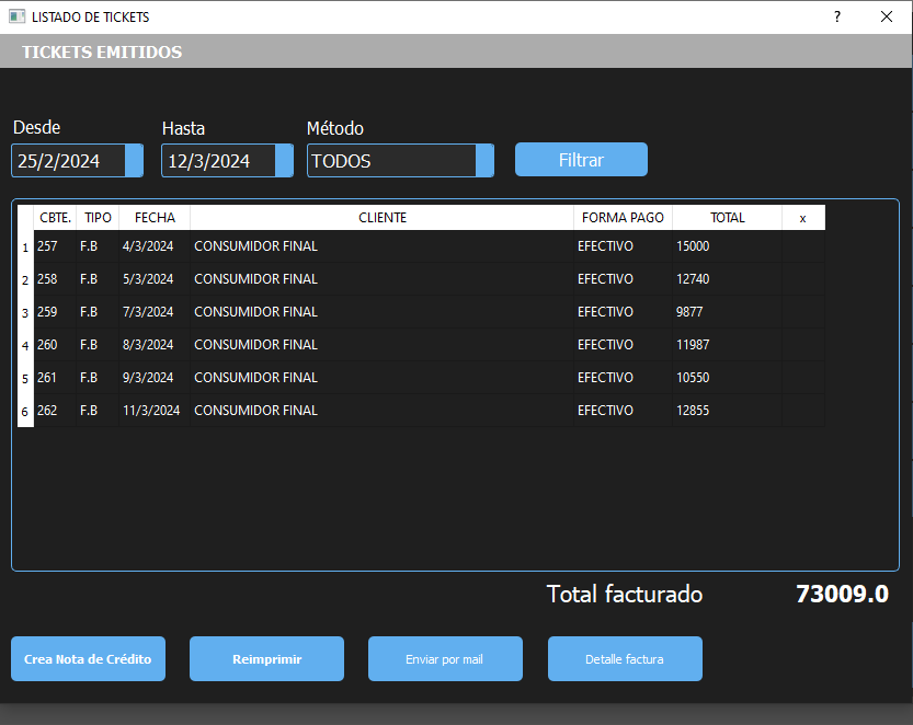 Listado de ticket en VREG